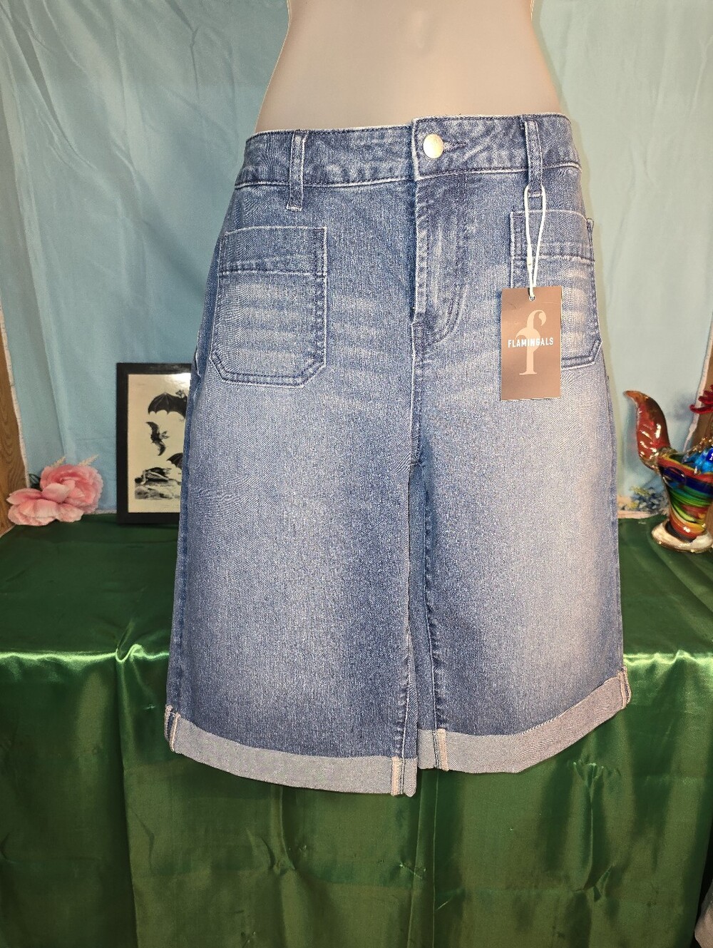Flamingoals Mid-Wash Denim Bermuda Shorts — Blue